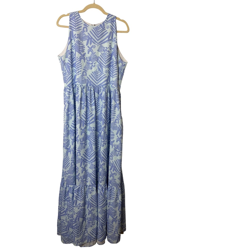 CK Bradley Trocadero Blue Green Tropical Palm Print Tiered Maxi Dress Womens L